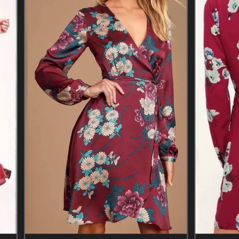 Lulus Floral Wrap Dress in Burgundy